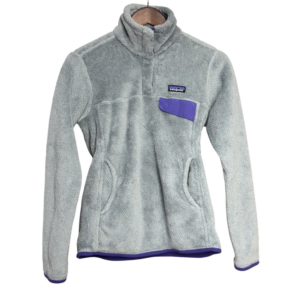 Grey and Purple Patagonia Polartech Fleece Pullover - Size Small